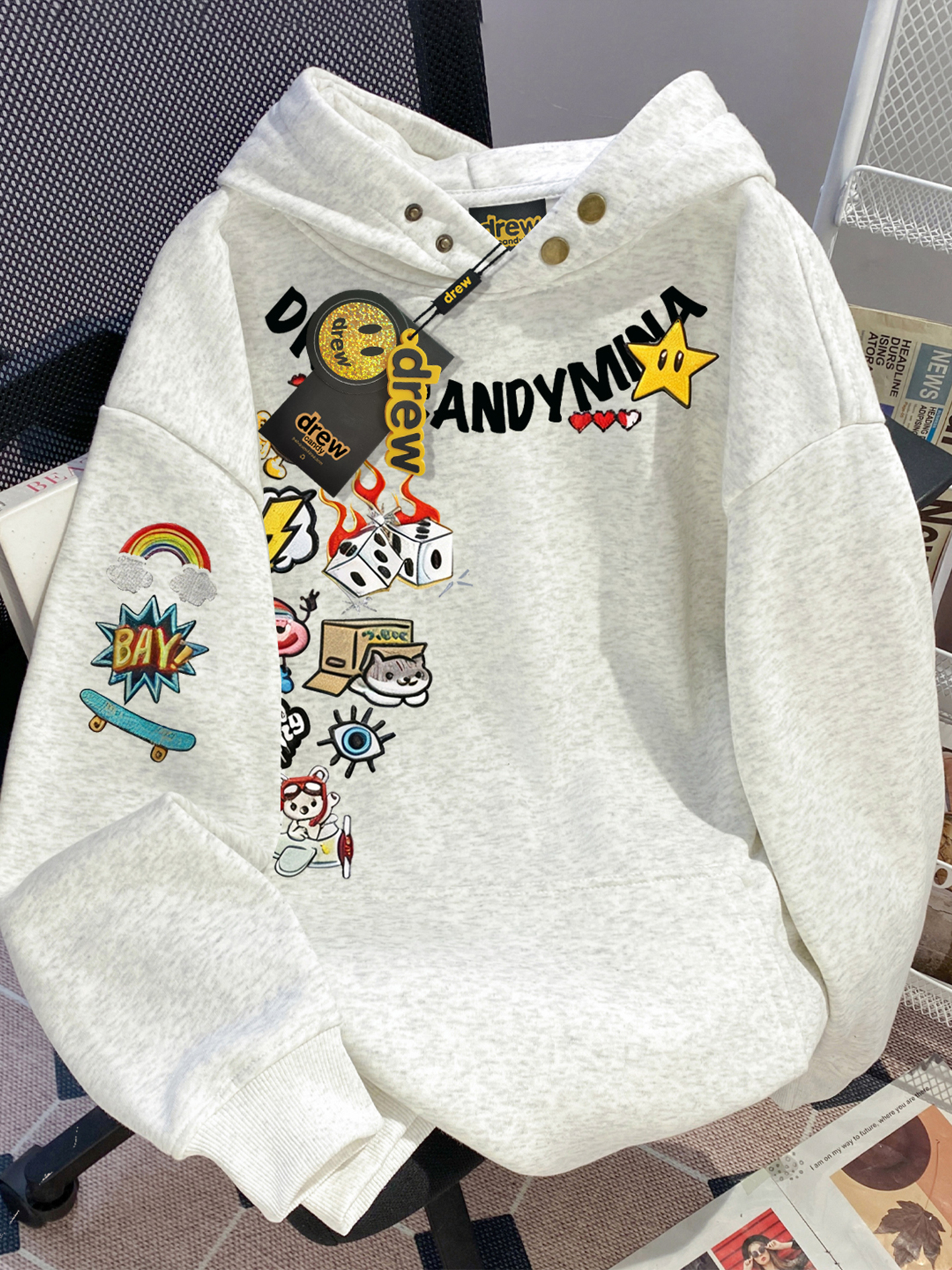 drew灰色连帽纽扣卫衣男女款秋季加绒美式覆古重磅纯棉宽松慵懒风