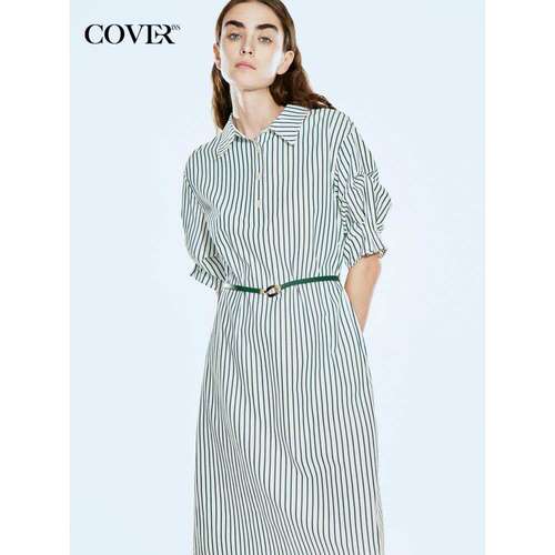 COVER新款夏季女装立裁抽褶袖设计棉质衬衫连衣裙CC64330011