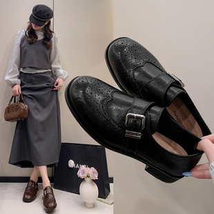 粗跟百搭单鞋 布洛克雕花软底乐福鞋 英伦风小皮鞋 新款 女2026年春季