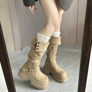 废土风不过膝长筒靴子女2025年秋冬新款 厚底绒面堆堆靴两穿骑士靴