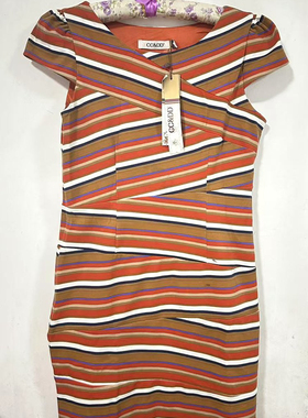 *C*D 专柜正品橙色条纹短袖连衣裙女士夏季修身显瘦无袖裙子