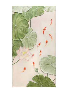 立体手绘油画《锦鲤纳祥》荷花鱼图玄关过道挂画厚肌装饰理壁画