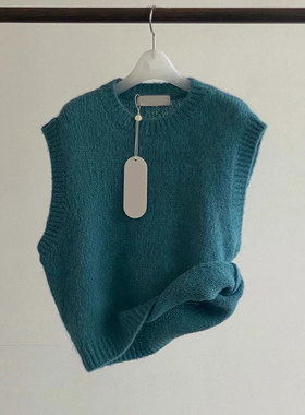 日系复古蓝绿色针织马甲背心女秋冬森系圆领无袖坎肩毛衣叠穿上衣
