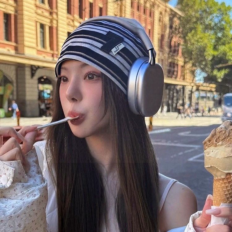 韩系甜酷条纹堆堆帽女春夏季新款月子帽慵懒风包头帽宽松套头帽子