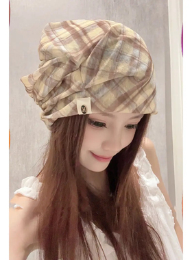 复古格纹冰丝堆堆包头冷帽显脸小