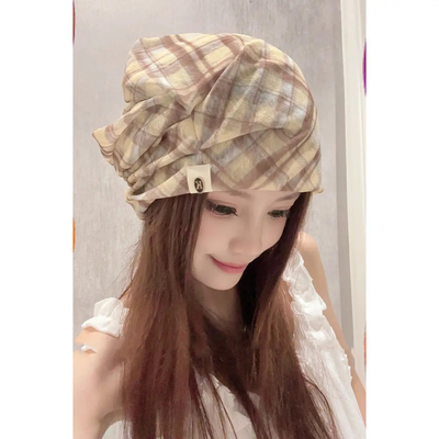 复古格纹冰丝堆堆包头冷帽显脸小
