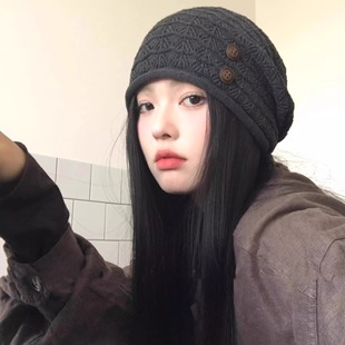 复古日杂风冷帽纽扣杂志风堆堆帽春秋大版型显脸小卷边镂空百搭