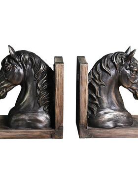 美式动物书档摆件办公室家居书房样板房树脂工艺品马头书靠摆饰