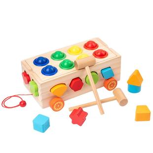木制早教智益玩具多种智力拖拉车形状认知配对彩色几何积多款木车