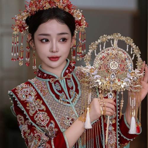 金色蕾丝新娘结婚秀禾中式双面成品遮面金色百搭DIY成品团扇9089