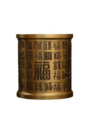 黄铜百福精雕笔筒工艺品摆件客厅桌面玄关装饰复古做旧节庆礼品