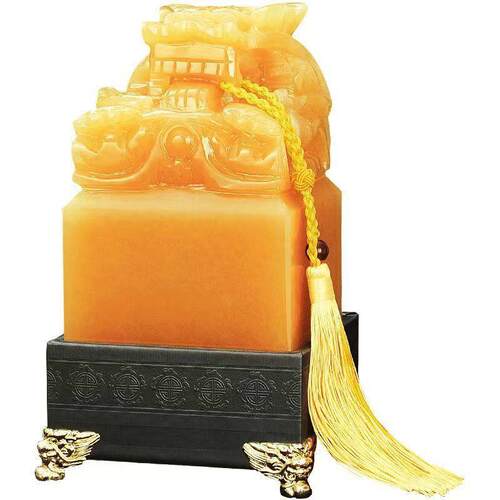 米黄玉龙头印黄玉龙玉玺九龙印章玉器摆件工艺礼品