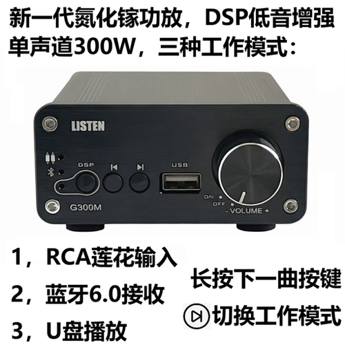 雷声氮化镓DSP蓝牙6.0功放纯数字单声道300W汽车摩托车家用低音炮
