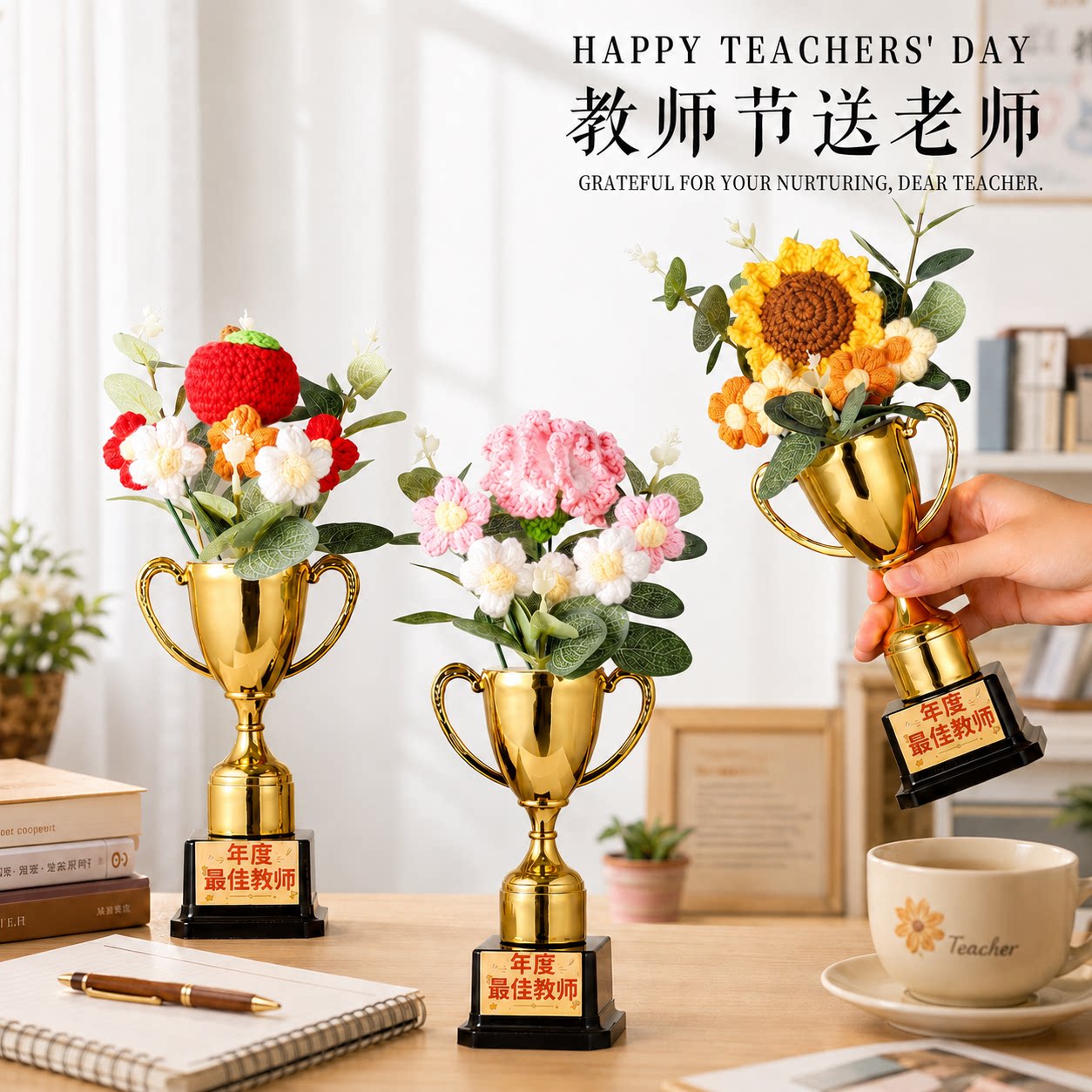 教师节礼物奖杯针织花束送老师图片