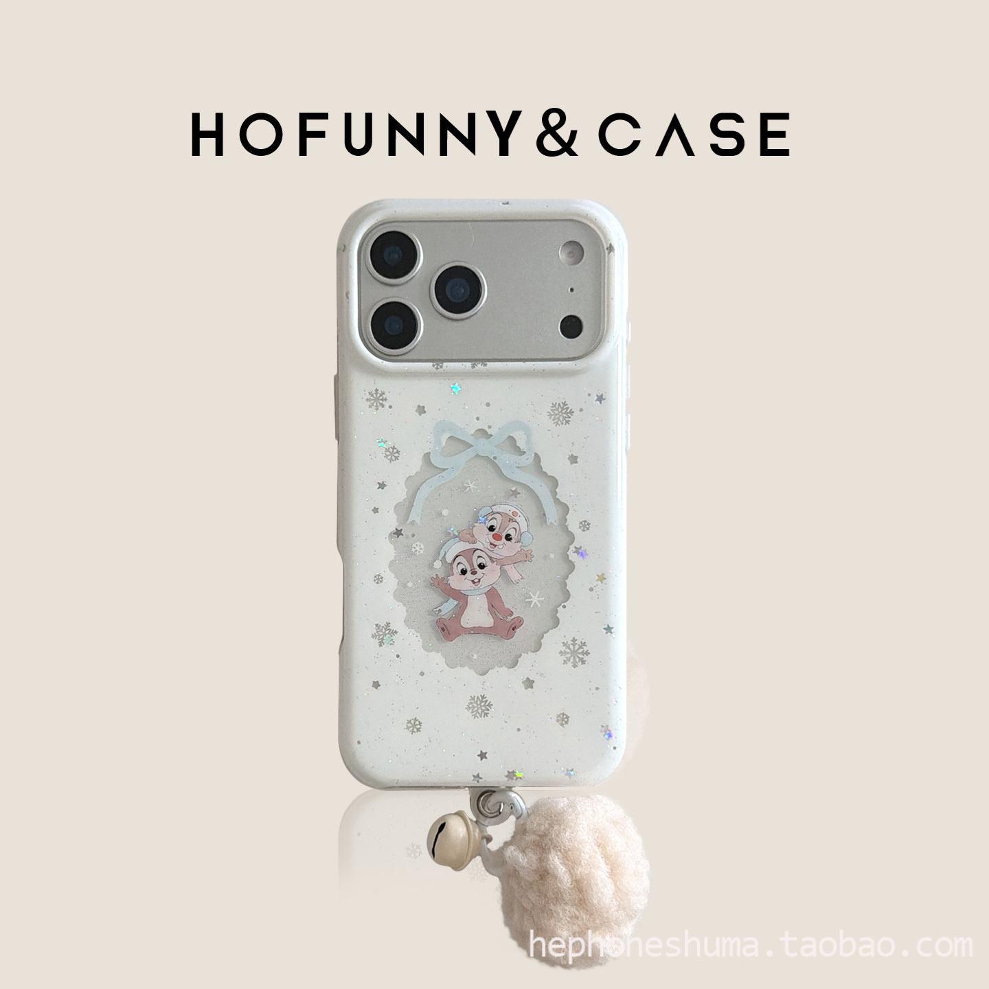 冬日闪粉雪花镂空蝴蝶结松鼠毛球适用iPhone17Promax苹果16ProMax手机壳新款15Pro卡通防摔14Promax保护套13