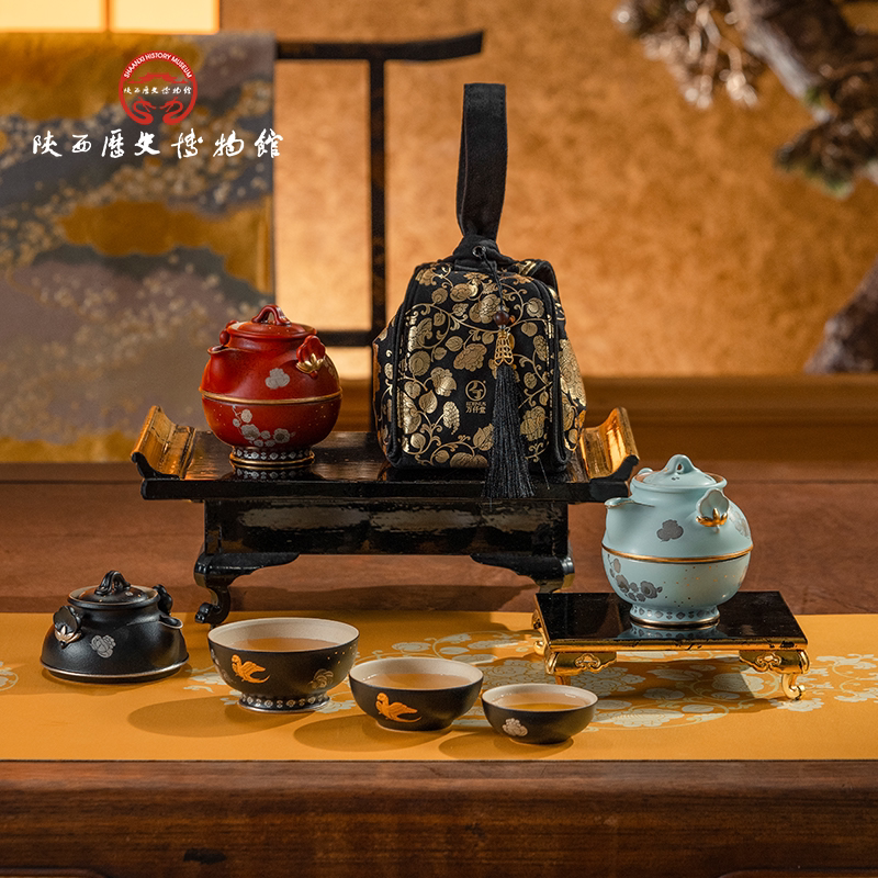 陕历博联名万仟堂大唐茶宴快客杯一壶三杯便携茶杯户外茶具套装
