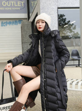 2026新款羽绒服女长款过膝加厚保暖白鸭绒连帽带腰带外套215