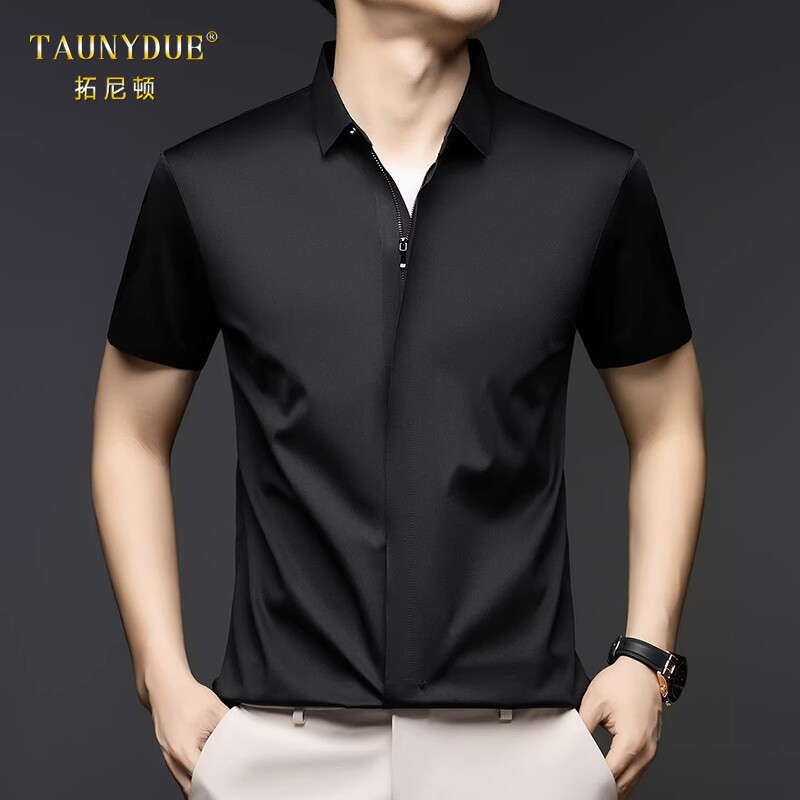 TAUNYDUE纯色拉链短袖衬衫男士
