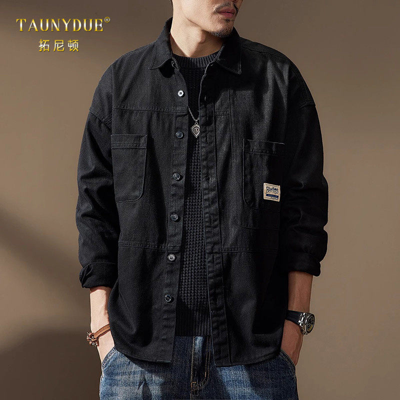 高端美式复古重磅黑色工装衬衫外套男士春季新款休闲衬衣宽松夹克