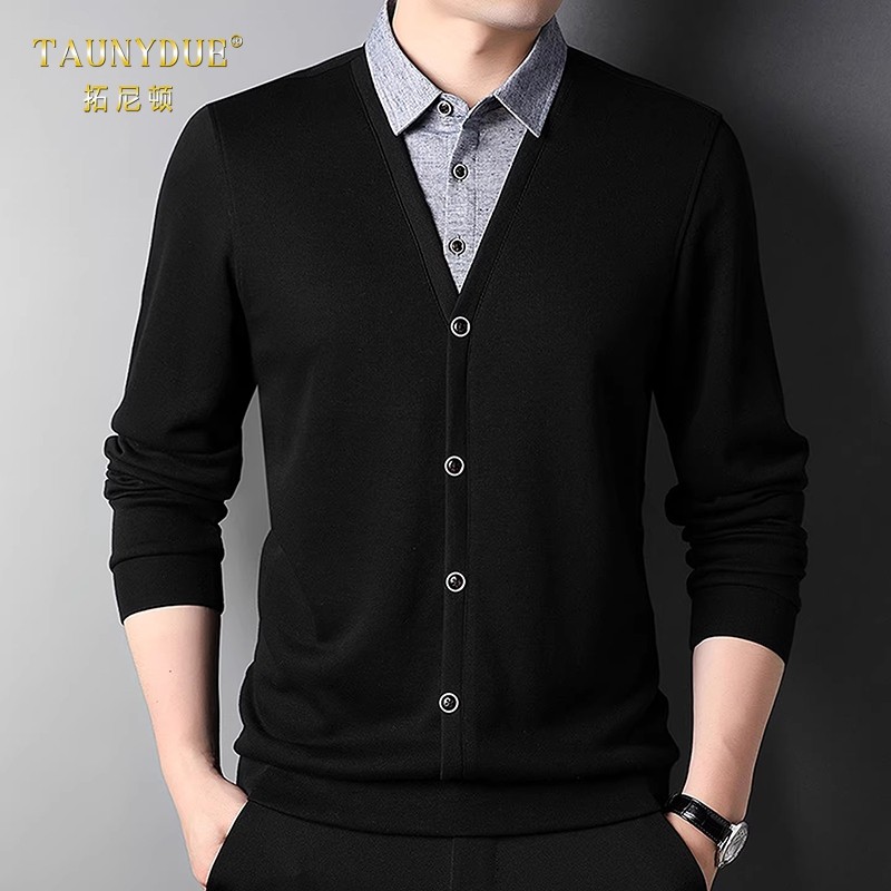 TAUNYDUE高端男士假两件棉质长袖T恤春秋季休闲打底针织衫上衣男,男装,T恤,淘宝优惠券,粉丝福利购,淘宝优惠卷