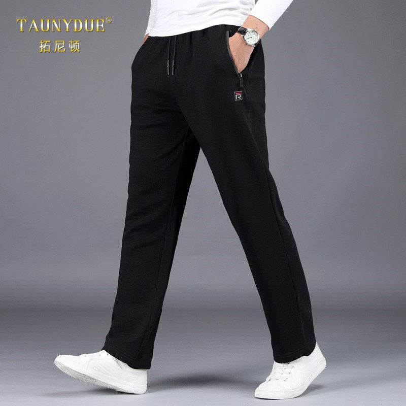 TAUNYDUE纯棉加绒宽松直筒运动裤男春季中老年爸爸保暖裤休闲裤男