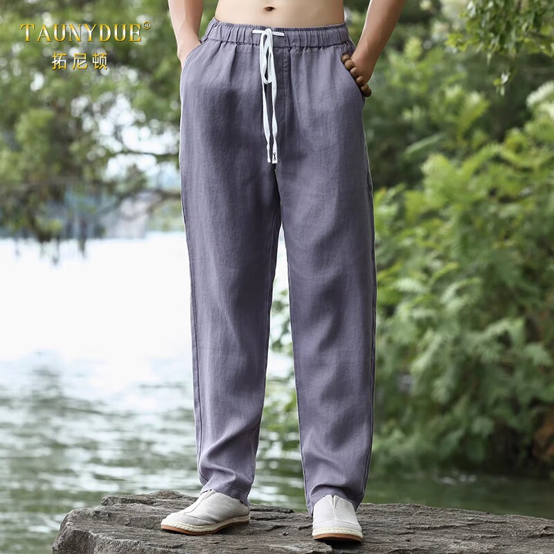 TAUNYDUE高端亚麻透气男裤夏季薄款宽松直筒休闲长裤复古全麻男装