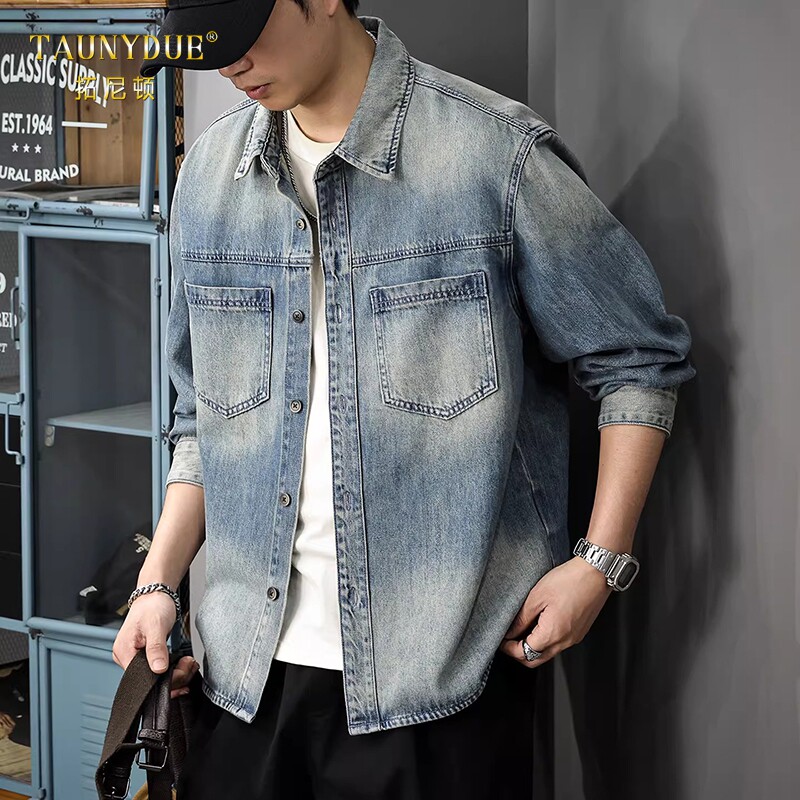 TAUNYDUE高级感复古牛仔衬衫男春季新款2026长袖水洗工装外套男款