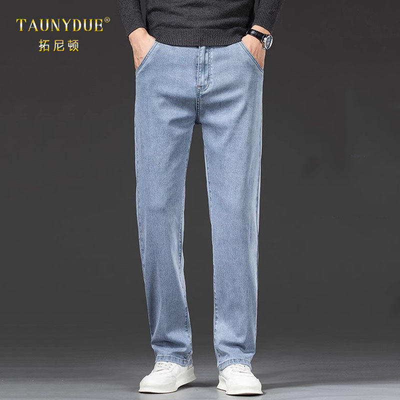 直筒宽松牛仔裤男士春秋季2025新款中年弹力厚款不加绒斜口袋裤子