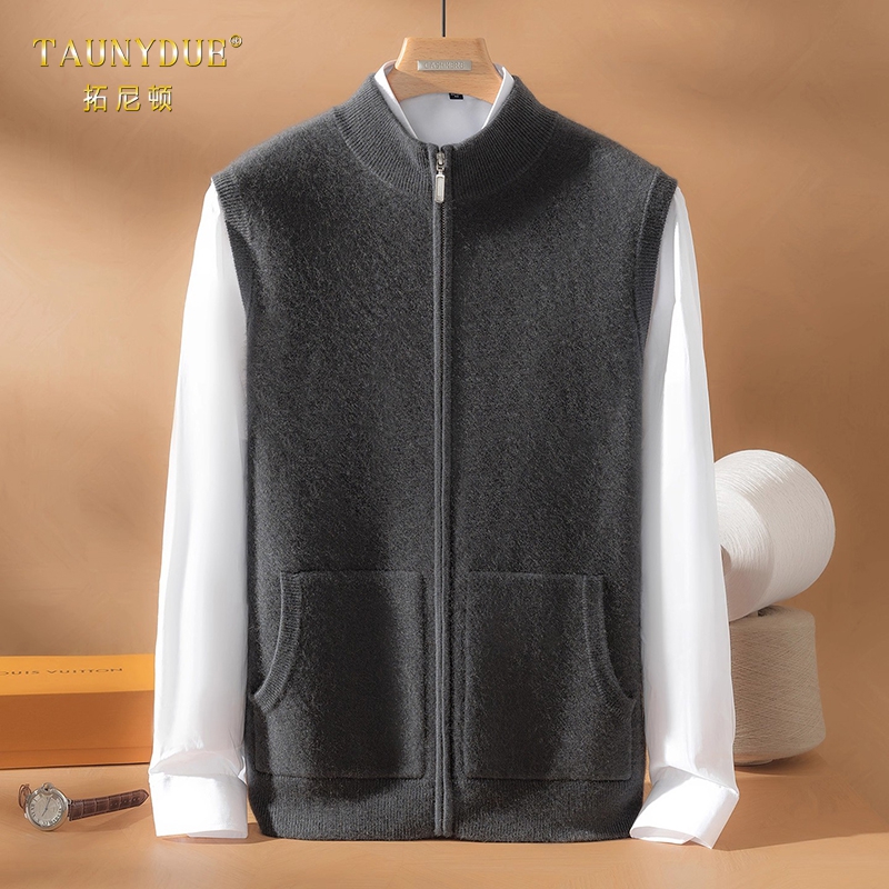 TAUNYDUE空气层加厚100%羊绒马甲开衫男秋冬针织半高领无袖外套