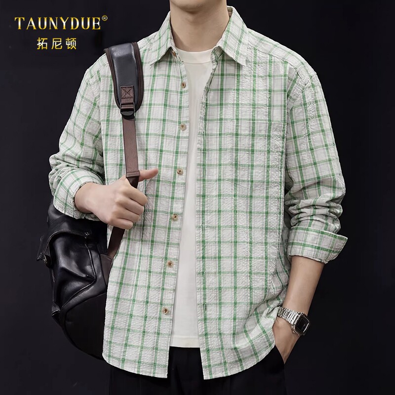 TAUNYDUE泡泡纱格子衬衫外套男