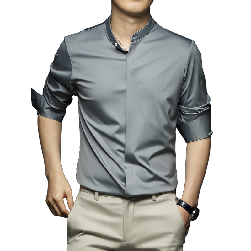 商务休闲立领免烫丝光棉长袖衬衫