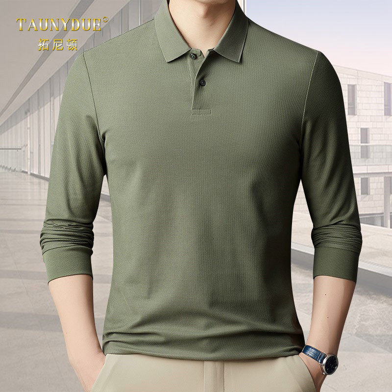 珠地丝光纯棉宽松休闲长袖t恤男春秋薄款纯色全棉打底翻领polo衫