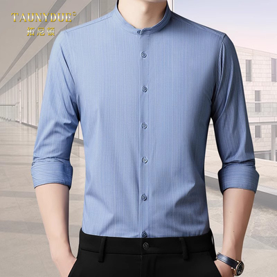 竖条纹立领宽松休闲长袖衬衫男