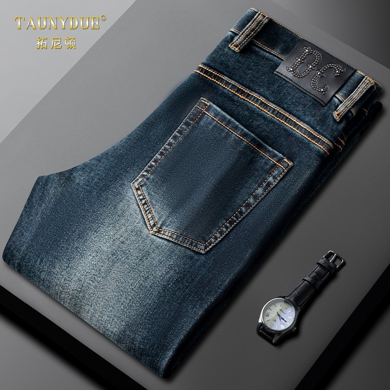 直筒弹力修身蓝色休闲牛仔裤男春季2025新款高级感皮牌长裤潮男款