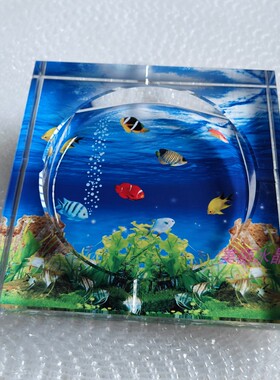 实用时尚水晶玻璃烟灰缸创意礼品精品高档海底世界彩印家居摆件