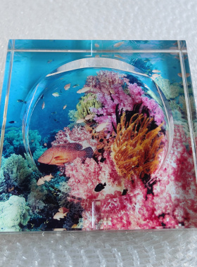 实用时尚水晶玻璃烟灰缸创意礼品精品高档海底世界彩印家居摆件