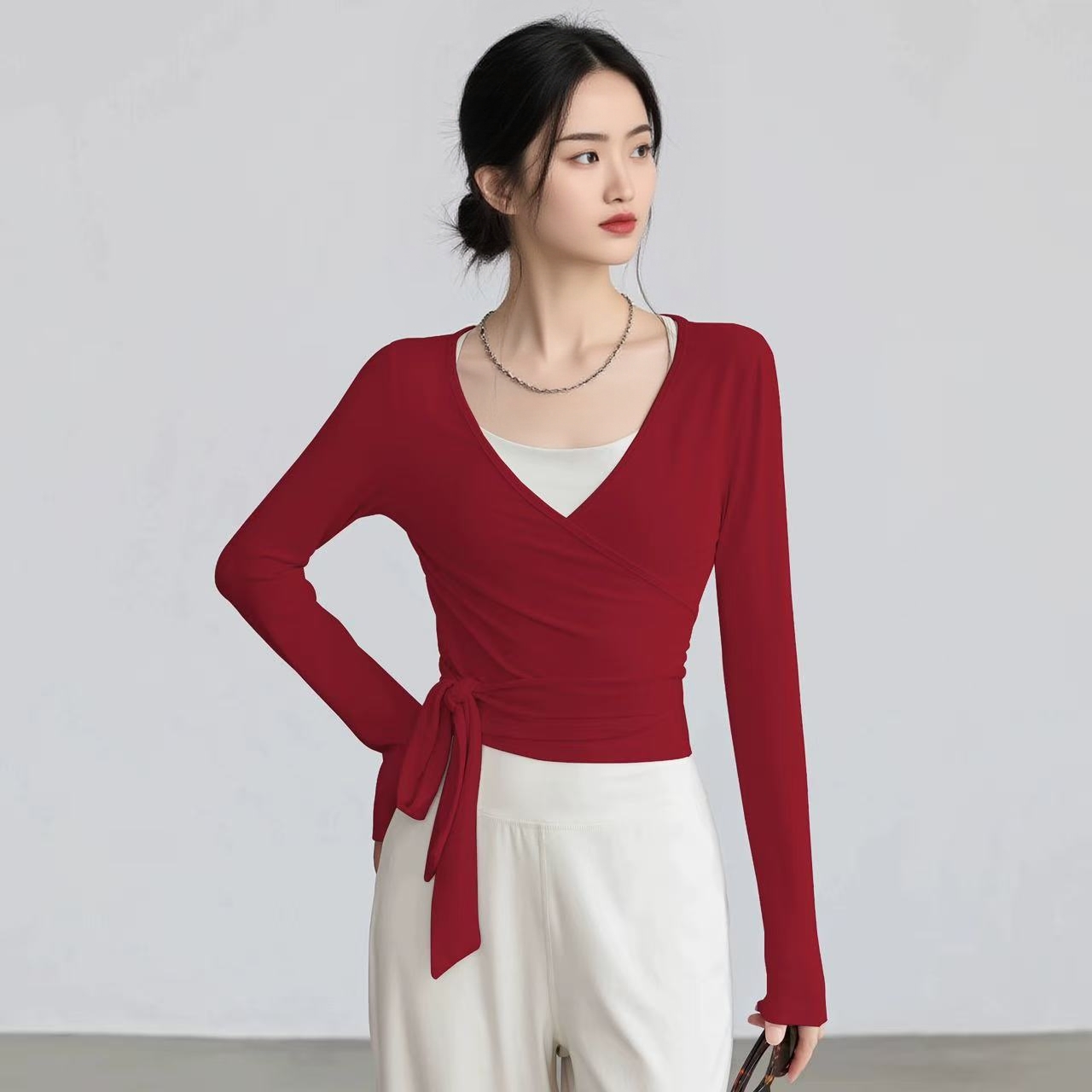 新款瑜伽上衣绑带修身健身服罩衫长袖舞蹈训练服普拉提快干运动衣