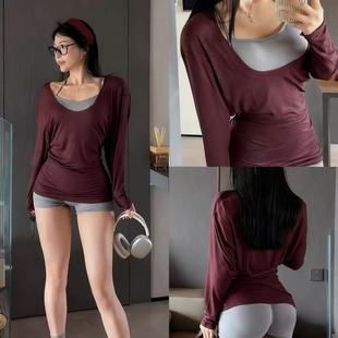 长袖 运动瑜伽罩衫 可外穿健身T恤 遮臀蝙蝠袖 慵懒风大宽领松弛长款