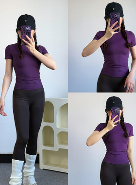 新款基础瑜伽t恤女短袖紫色透气修身运动短袖跑步速干紧身健身衣