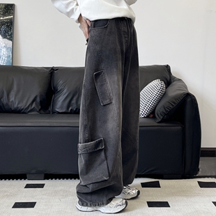 JAVE PASOK潮牌美式多口袋高街设计感男女牛仔裤宽松阔腿休闲长裤