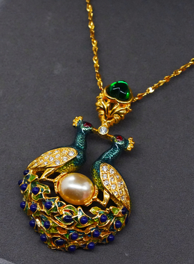 Vintage中古首饰NOLAN MILLER手绘珐琅双孔雀浮雕爱心吊坠项链