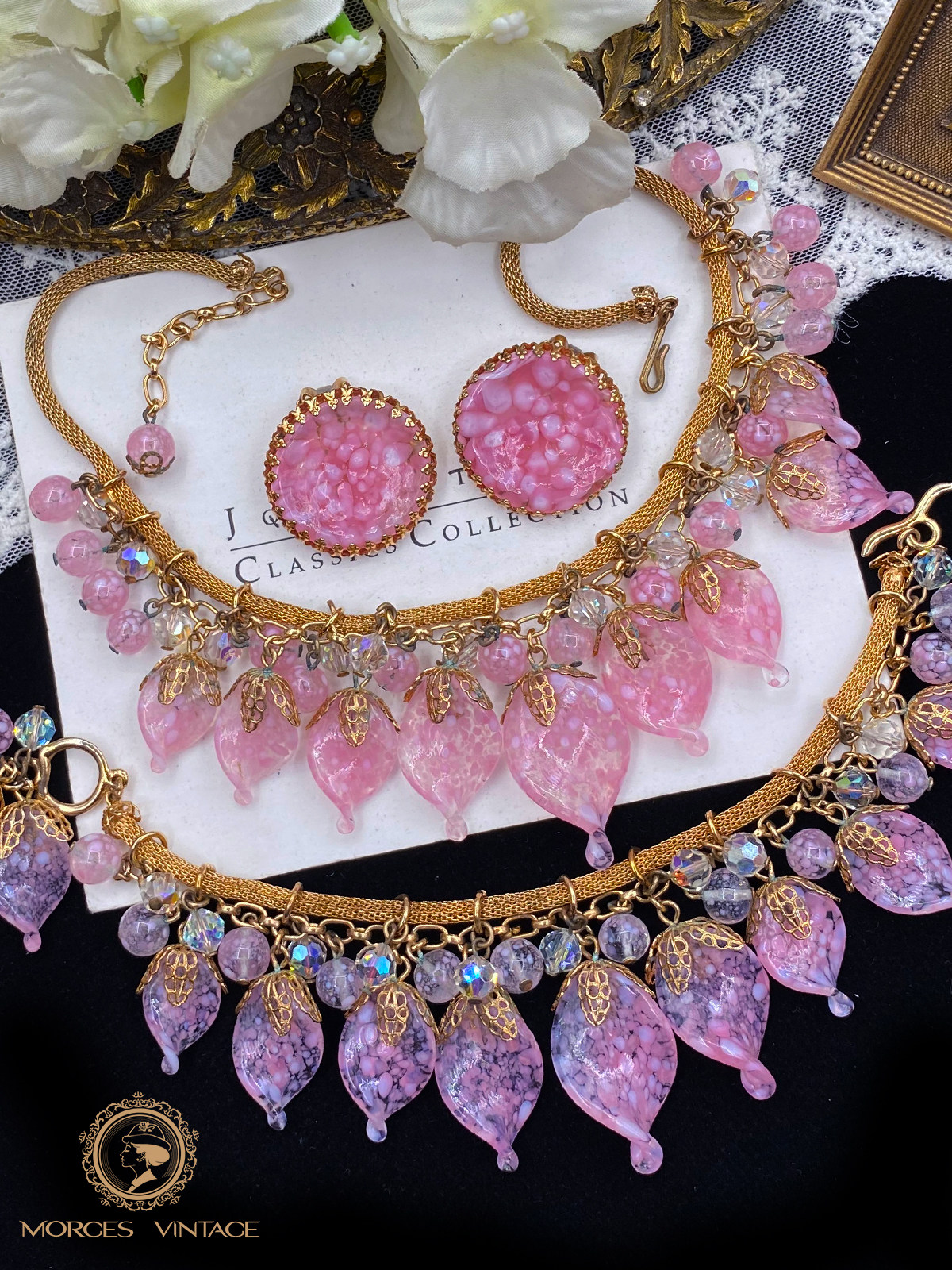 Vintage-S复古董首饰粉色手工吹制琉璃项链耳夹手链套装