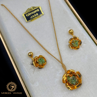 Vintage复古董首饰JADE玉石玫瑰花项链耳夹套装