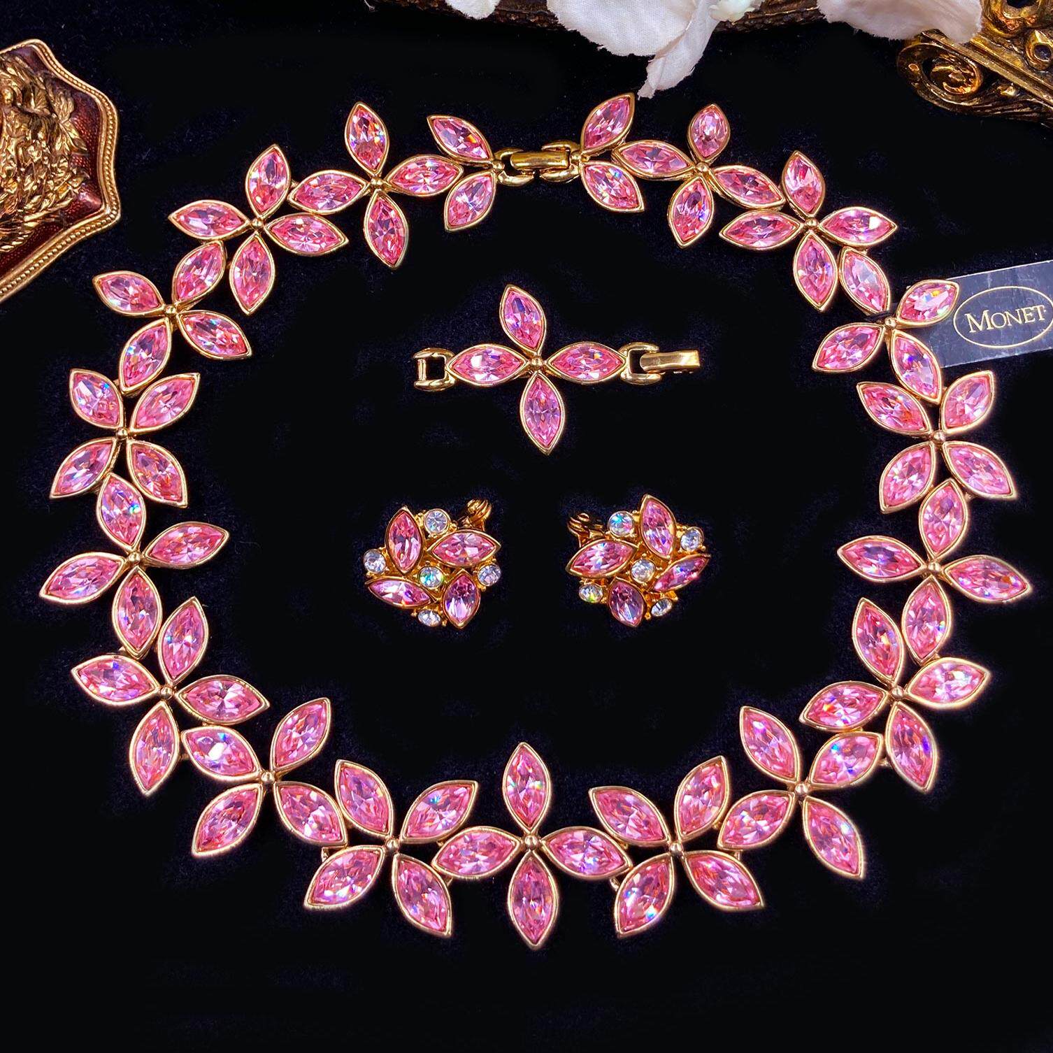 Vintage-S中古首饰80年代MONET粉色四叶草奥地利水晶项链耳夹