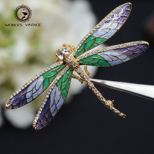 Vintage中古首饰JBK手绘珐琅薄翅翘尾蜻蜓豆娘翅膀可晃动胸针