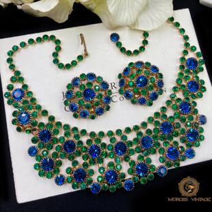 Vintage-S中古首饰50年代JULIANA孔雀开屏密爪奥地利水晶项链耳夹