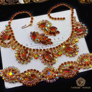 Vintage-S中古50年代JULIANA粉紫色琉璃浮雕钻奥地利水晶项链耳夹