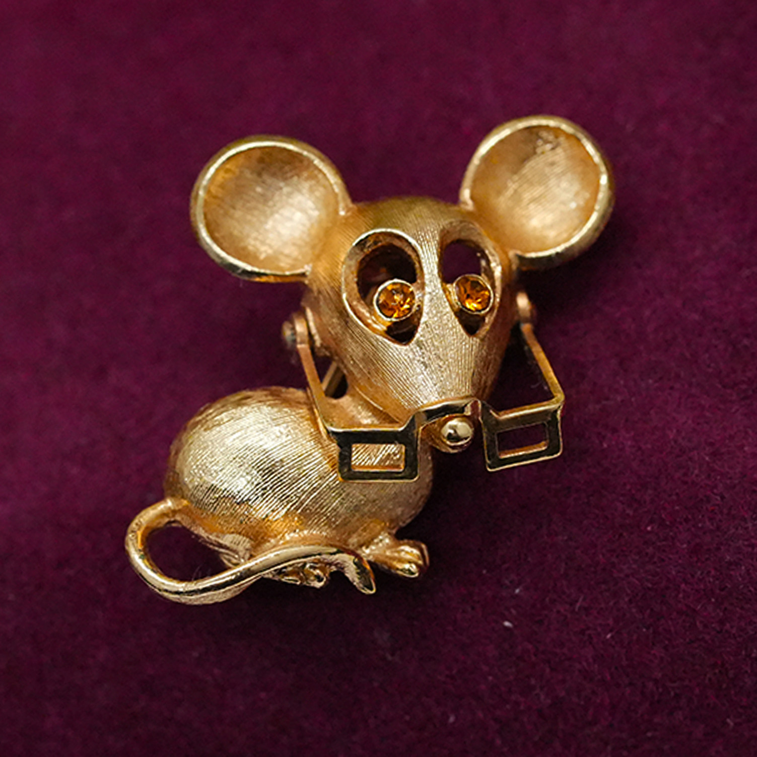Vintage中古首饰AV*N雅*眼镜可上下推动迷你金属浮雕小老鼠胸针