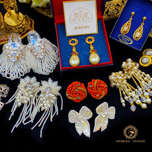 Vintage复古董首饰流苏烟花monet仿珍珠长款纽扣耳夹耳环耳钉集