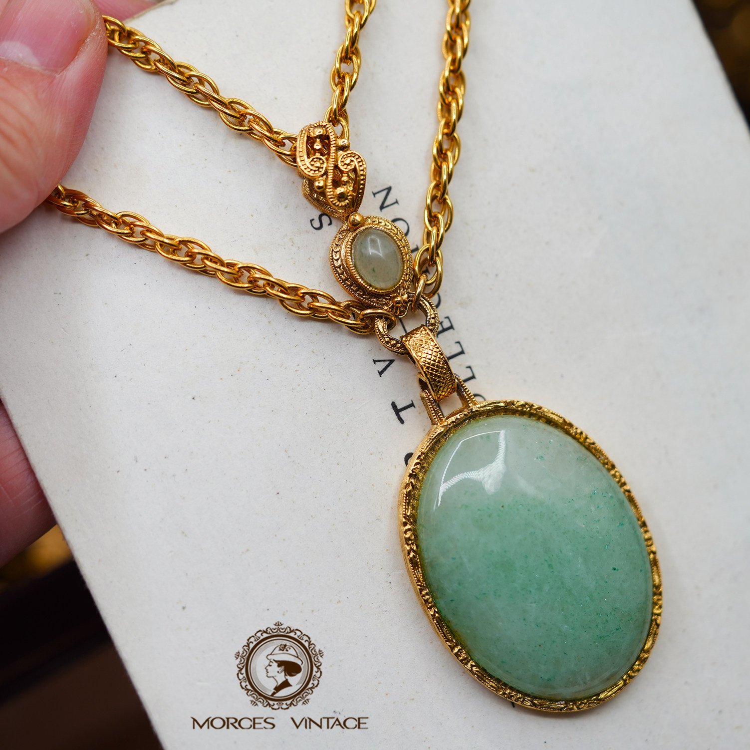 Vintage-L中古首饰1928品牌绿色琉璃或石头维多利亚项链耳钉套装